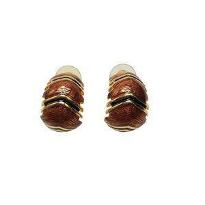 Joan Rivers Vintage Gold Brown Enamel Post Earrings Textured Leaf Half Hoop